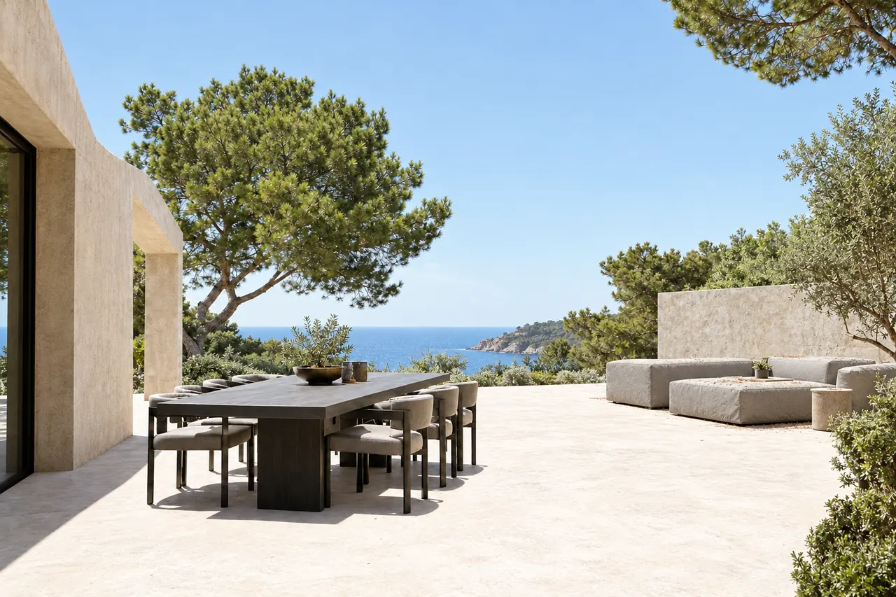 Before: the same terrace in full midday sun, with the lounge cushions uncovered